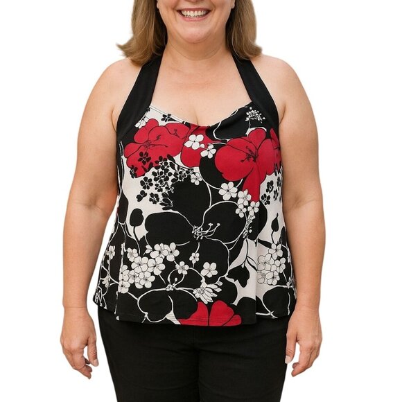 Cherokee Other - Cherokee Adjustable Halter Tankini Swim Top 16W Black White Red Floral Print